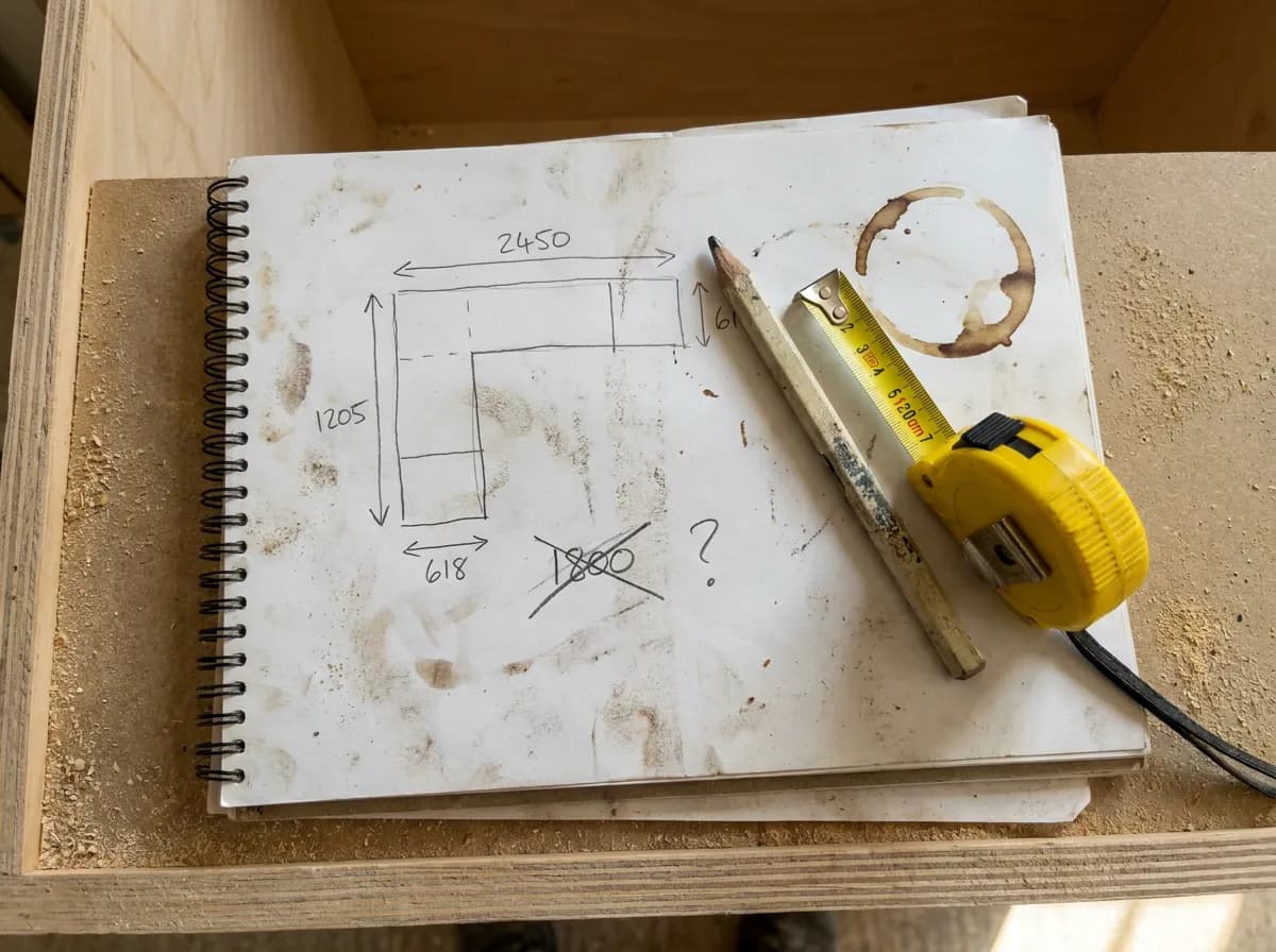 A dusty notepad with a hand-drawn L-shaped worktop, pencil dimensions, a crossed-out number and a question mark